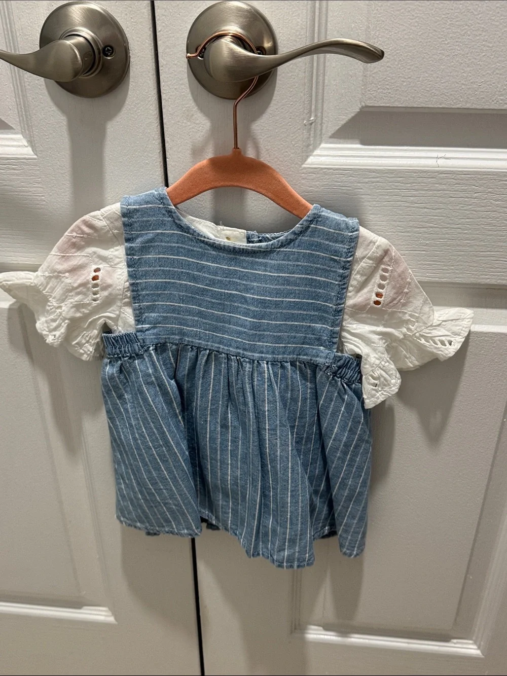 Blue Striped Linen Girls' Dress With White Top With Eyelet Sleeves Top Is 3-6M